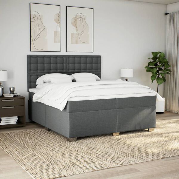 vidaXL Pat box spring cu saltea, gri &icirc;nchis, 200x200 cm, textil