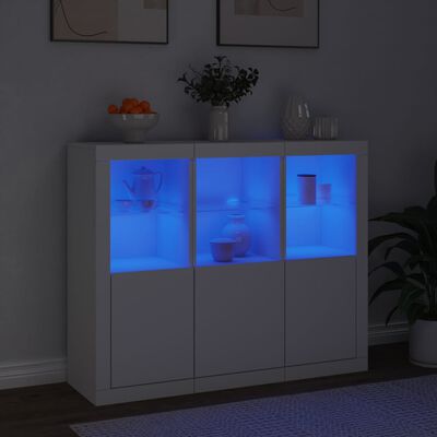 vidaXL Servantă cu lumini LED, 3 buc., alb, lemn prelucrat
