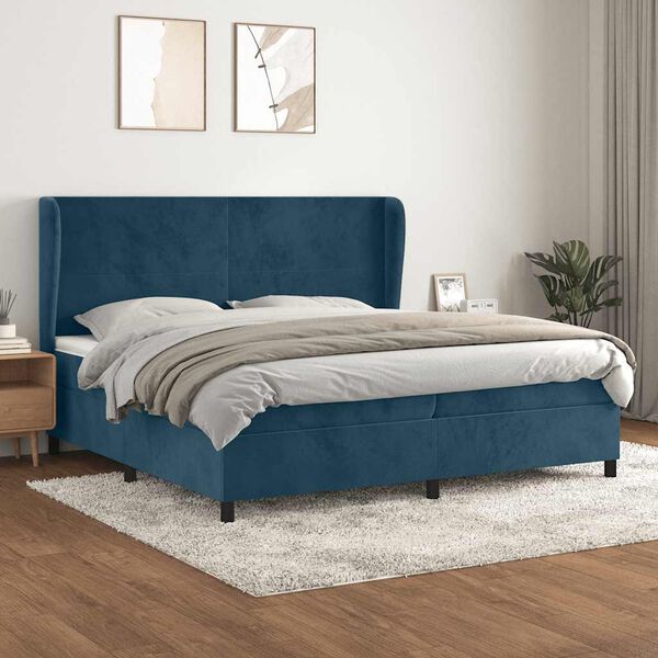 vidaXL Pat box spring cu saltea, albastru &icirc;nchis, 200x200 cm, catifea