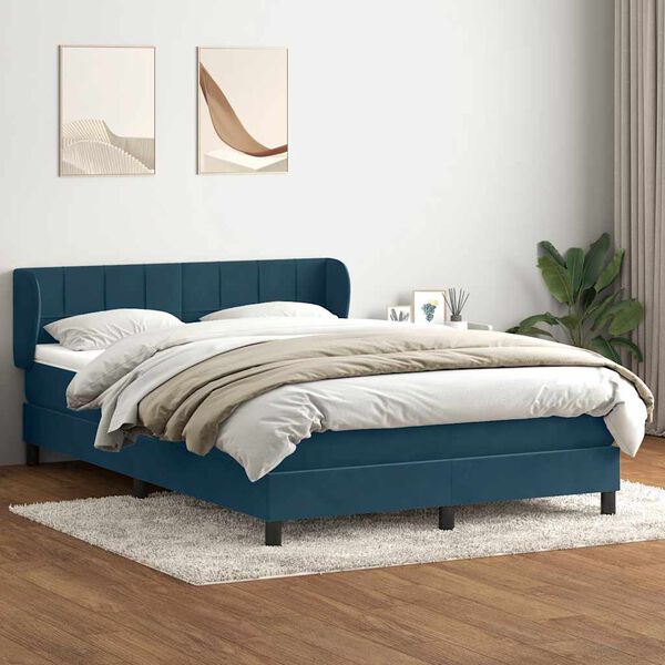 vidaXL Pat box spring cu saltea, albastru &icirc;nchis, 160x210 cm, catifea