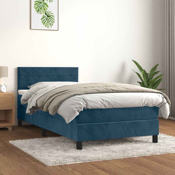 vidaXL Pat box spring cu saltea, albastru &icirc;nchis, 80x200 cm, catifea