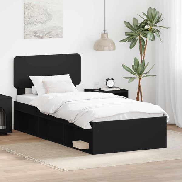 vidaXL Cadru de pat cu headboard Negru 75 x 190 cm Lemn de pin masiv