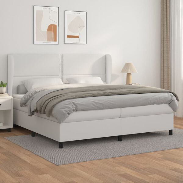 vidaXL Pat box spring cu saltea, alb, 200x200 cm, piele ecologică