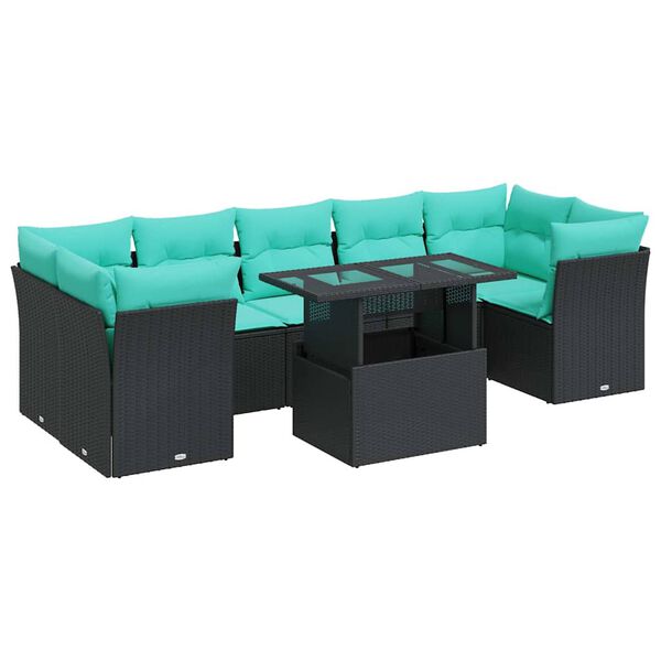 vidaXL Set mobilier grădină perne 8 piese negru, poliratan/lemn acacia
