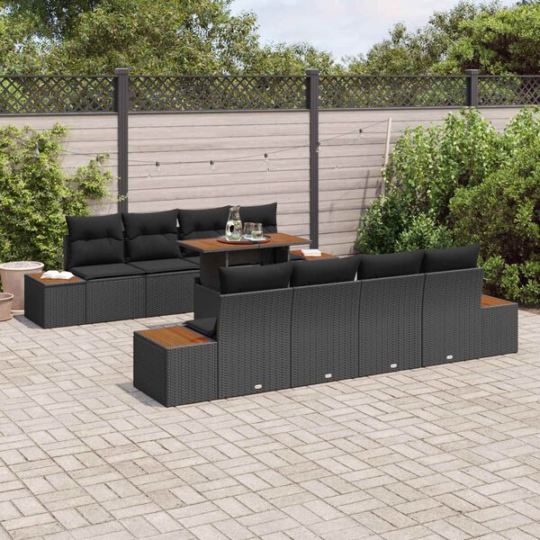 vidaXL Set de canapele pentru grădină 9 pcs Negru Rattan poli