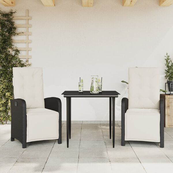 vidaXL Set bistro cu perne, 3 piese, negru, poliratan