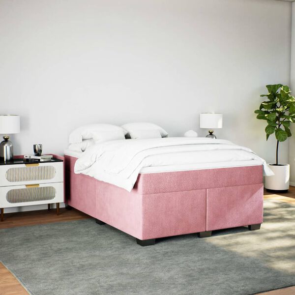 vidaXL Pat box spring cu saltea, roz, 140x190 cm, catifea
