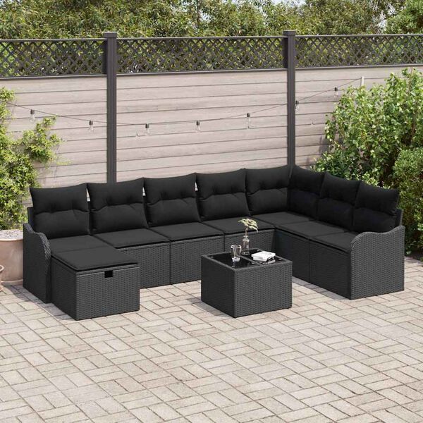 vidaXL Set de canapele pentru grădină cu pernă 9 pcs Negru Rattan poli