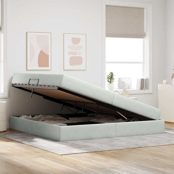 vidaXL Pat cu saltea și spațiu de depozitare Gri deschis 200 x 200 cm