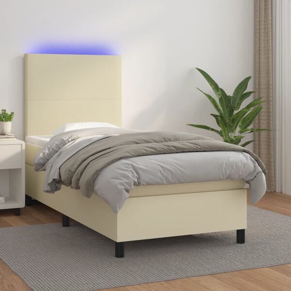 vidaXL Pat continental cu saltea și LED, crem, 80x200 cm, piele eco