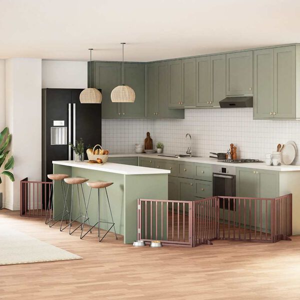 vidaXL Poartă c&acirc;ini pliabilă cu ușă 10 panouri maro, 800 cm, lemn plop