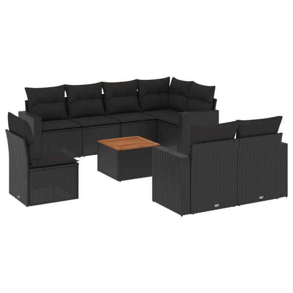 vidaXL Set mobilier de grădină cu perne, 9 piese, negru, poliratan