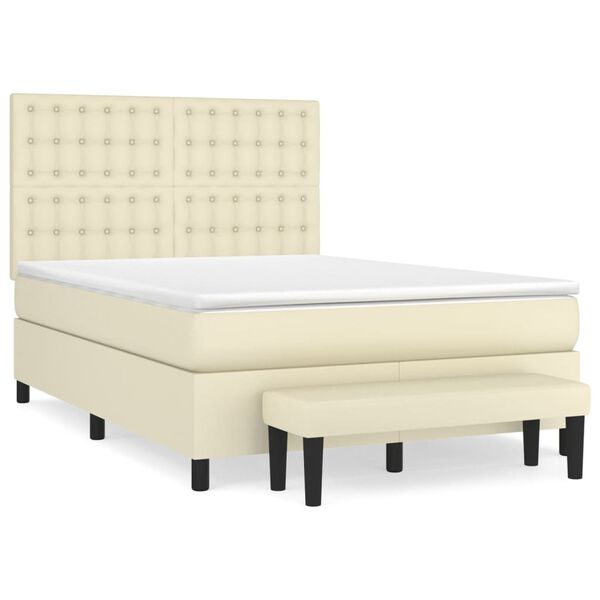 vidaXL Pat box spring cu saltea, crem, 140x190 cm, piele ecologică