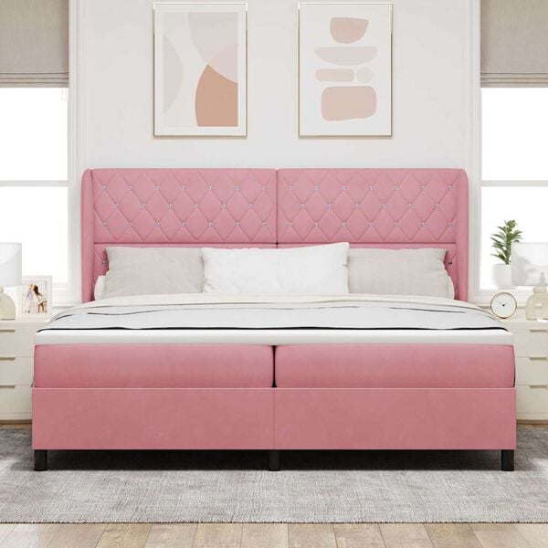 vidaXL Pat cu arcuri cu saltea cu headboard Roz 200 x 200 cm Poliester