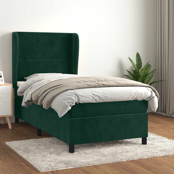 vidaXL Pat box spring cu saltea, verde &icirc;nchis, 90x200 cm, catifea