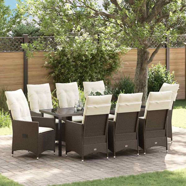 vidaXL Set de masă pentru grădină cu pernă 9 pcs Maro Rattan poli