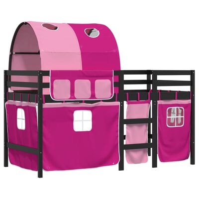 vidaXL Pat etajat de copii cu tunel, roz, 90x190 cm, lemn masiv pin