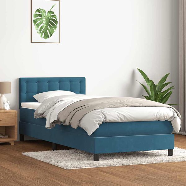 vidaXL Pat box spring cu saltea, albastru &icirc;nchis, 100x220 cm, catifea