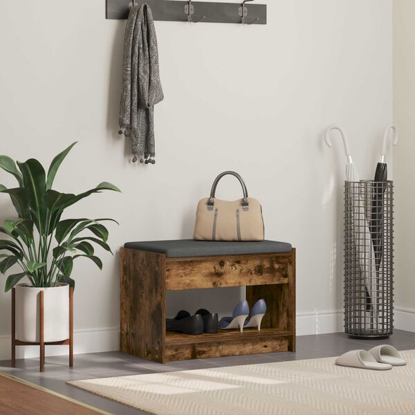 vidaXL Bancă pentru hol cu pernă cu raft Stejar Afumat 63 x 38 x 45 cm