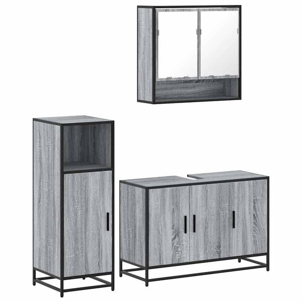 vidaXL Set mobilier de baie, 3 piese, gri sonoma, lemn prelucrat