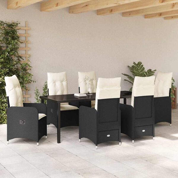 vidaXL Set de masă pentru grădină cu pernă 7 pcs Negru poliratan