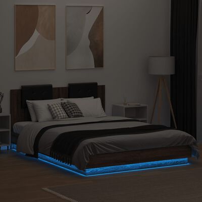 vidaXL Cadru de pat cu tăblie și lumini LED, stejar maro, 120x200 cm