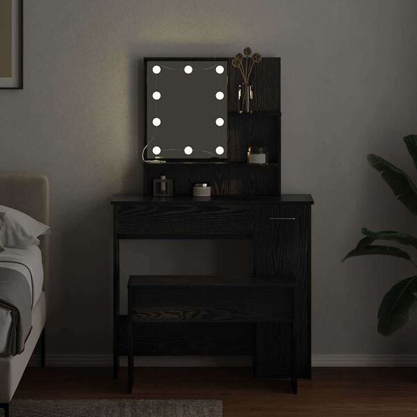 vidaXL Set masă de machiaj cu LED 2 pcs Stejar Negru Lemn compozit