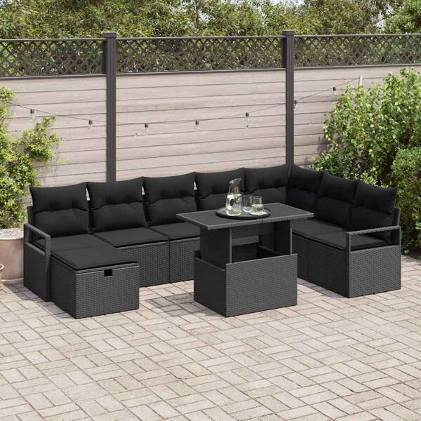 vidaXL Set de canapele pentru grădină cu pernă 9 pcs Negru Rattan poli