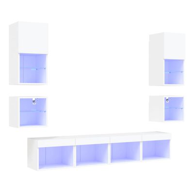vidaXL Unități de perete TV cu LED-uri, 8 piese, alb, lemn prelucrat