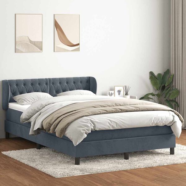vidaXL Pat box spring cu saltea, gri &icirc;nchis, 140x220 cm, catifea