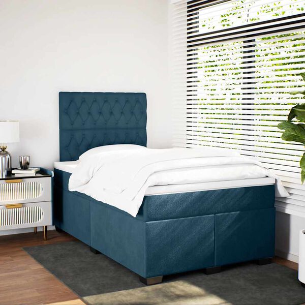 vidaXL Pat box spring cu saltea, albastru, 120x190 cm, catifea