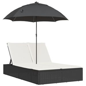vidaXL Șezlong dublu cu perne/umbrelă de soare, negru, poliratan