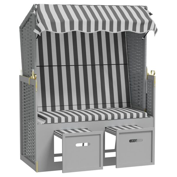 vidaXL Scaun de plajă cu baldachin,gri&alb, poliratan și lemn masiv