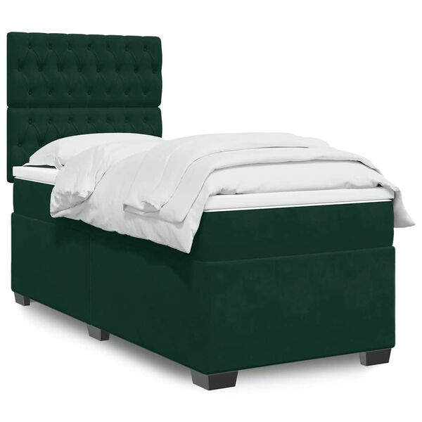 vidaXL Pat box spring cu saltea, verde &icirc;nchis, 100x200 cm, catifea