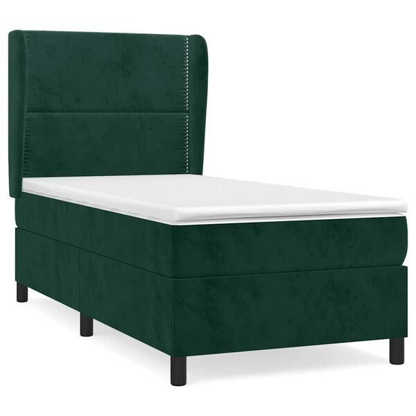 vidaXL Pat box spring cu saltea, verde &icirc;nchis, 90x200 cm, catifea