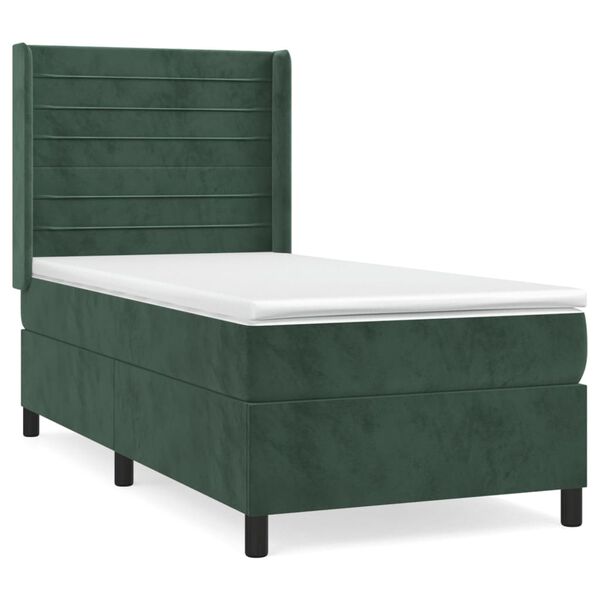 vidaXL Pat box spring cu saltea, verde &icirc;nchis, 90x190 cm, catifea