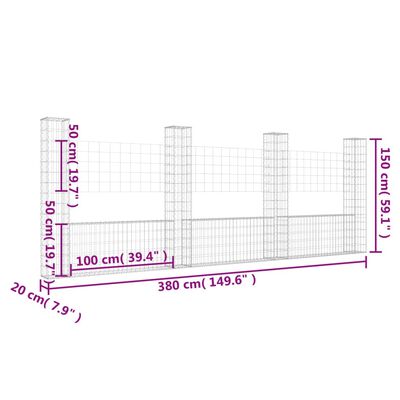 vidaXL Coș gabion în formă de U cu 4 stâlpi, 380x20x150 cm, fier