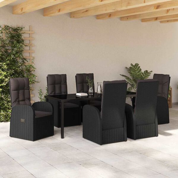 vidaXL Set de masă pentru grădină cu pernă 7 pcs Negru poliratan