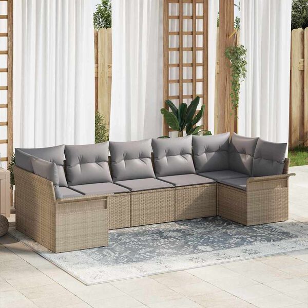 vidaXL Set de canapele pentru grădină cu pernă 7 pcs Bej Rattan poli