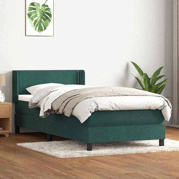 vidaXL Pat box spring cu saltea, verde &icirc;nchis, 80x220 cm, catifea