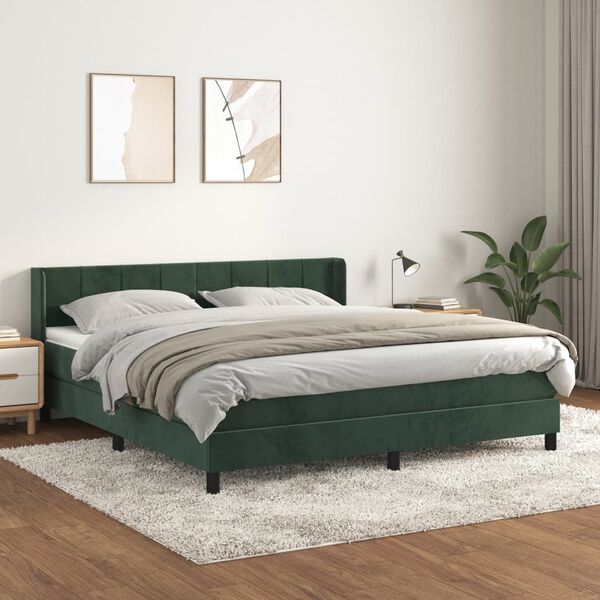vidaXL Pat box spring cu saltea, verde &icirc;nchis, 160x200 cm, catifea