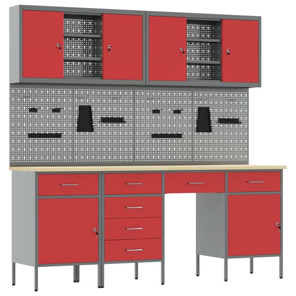 vidaXL Dulap de lucru cu sertar 10 pcs Roșu Lemn ingineresc și oțel