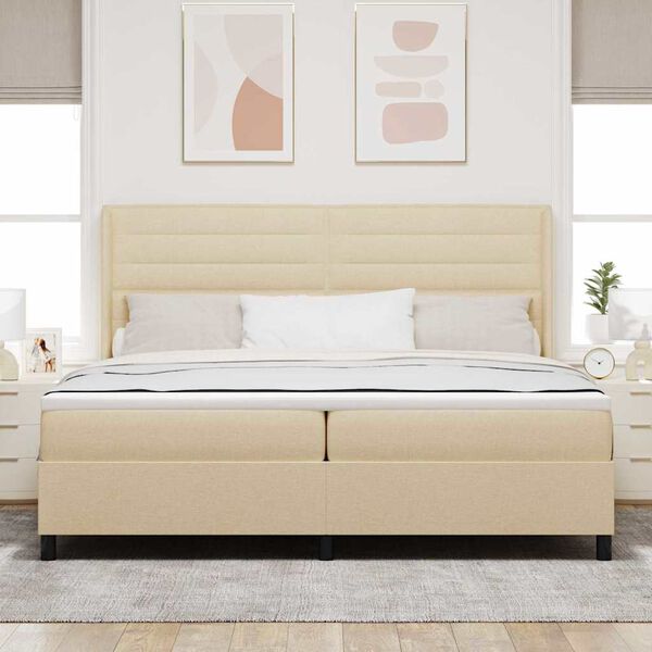 vidaXL Pat cu arcuri cu saltea cu headboard Crem 200 x 200 cm țesătură