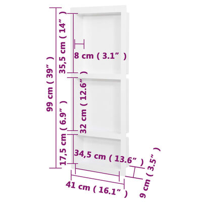 vidaXL Nișă de duș, 3 compartimente, alb mat, 41x99x9 cm