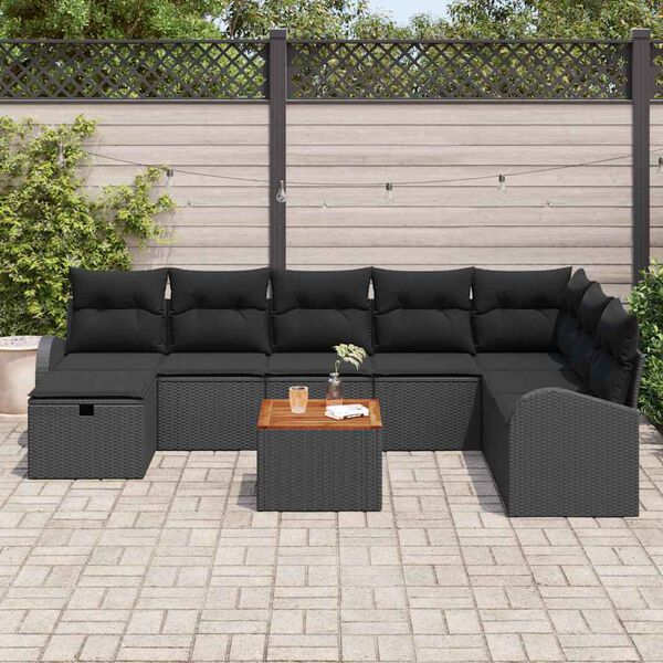 vidaXL Set de canapele pentru grădină cu pernă 9 pcs Negru poliratan