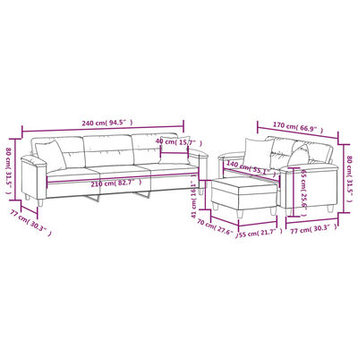vidaXL Set de canapele cu perne, 3 piese, gri închis, microfibră