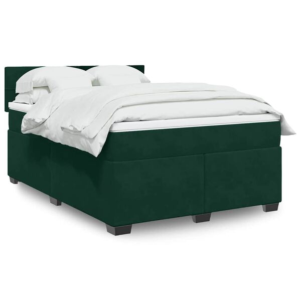 vidaXL Pat box spring cu saltea, verde &icirc;nchis, 140x200 cm, catifea