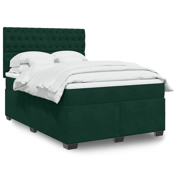 vidaXL Pat box spring cu saltea, verde &icirc;nchis, 160x200 cm, catifea