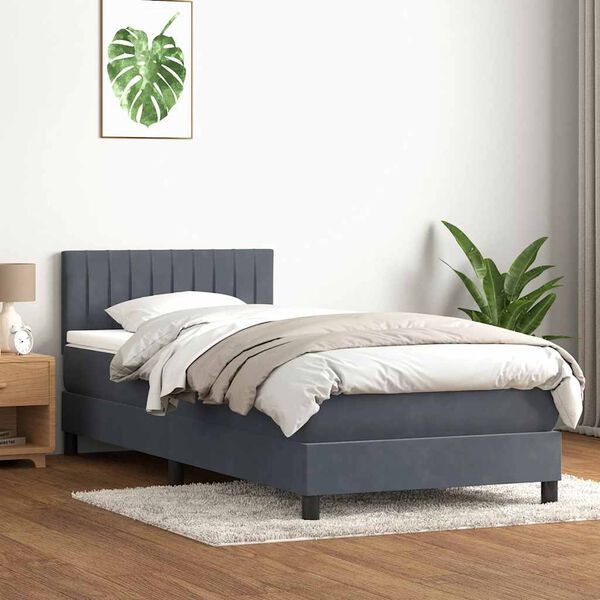 vidaXL Pat box spring cu saltea, gri &icirc;nchis, 80x220 cm, catifea