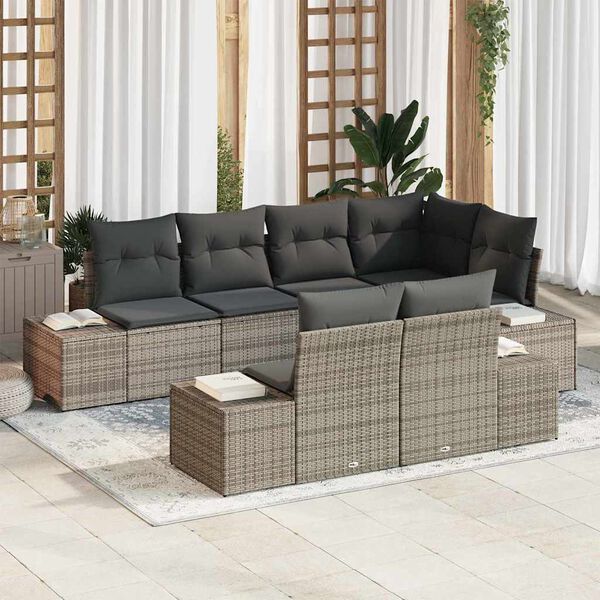 vidaXL Set de canapele pentru grădină cu pernă 7 pcs Gri Rattan poli
